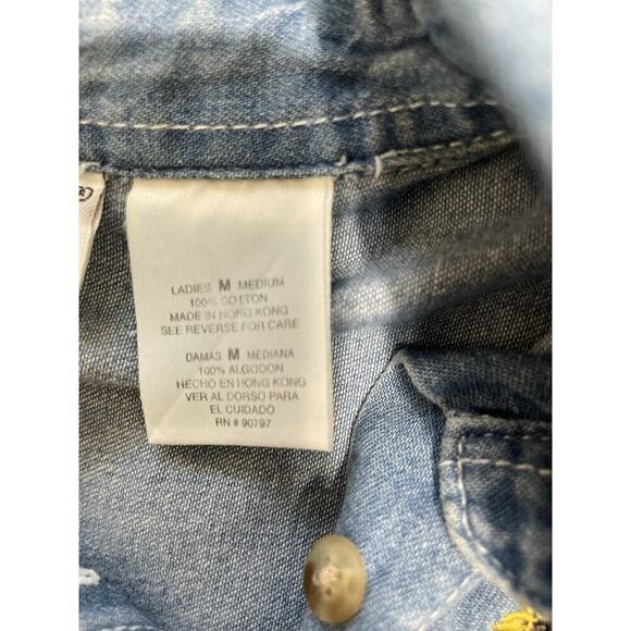 Vintage Embroidered Sunflower Cat Bird Button Front Short Sleeve Denim Shirt Med - Picture 9 of 14